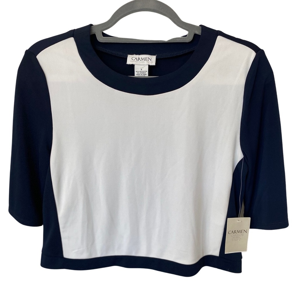 Carmen Marc Valvo Small White and Blue Crop Top Blouse.